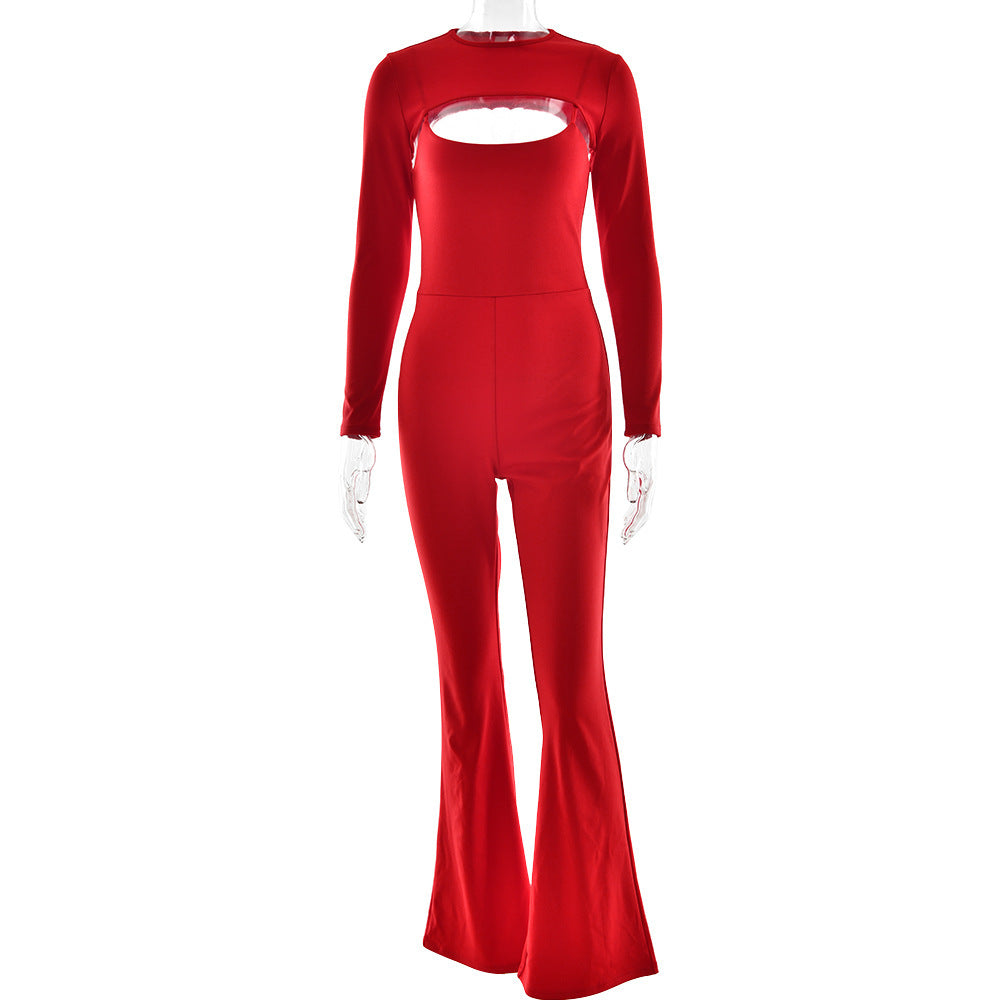 Sexy Round Neck Long Sleeve No Back Tight Sports Jumpsuit Two-piece Set