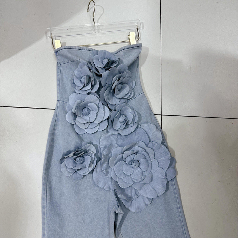 Three-dimensional Flowers Washed And Worn Slightly Cut Tube Top Jumpsuit