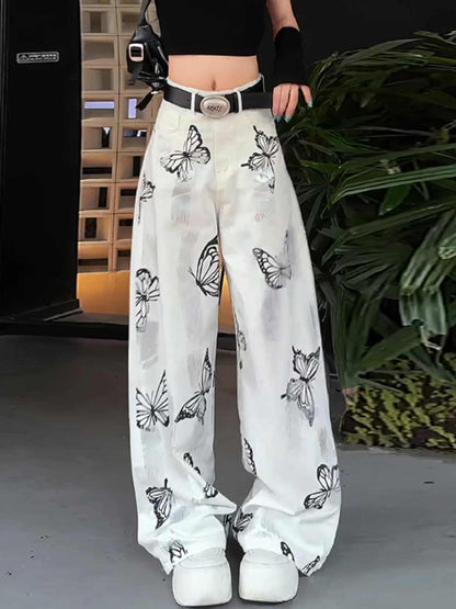 Casual Pants Butterfly Tie-dyed Wide-leg Women's White