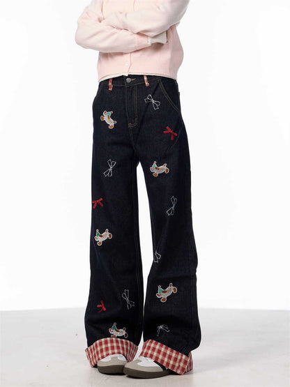 Vintage Bow Puppy Embroidered Wide Leg High Waist Jeans