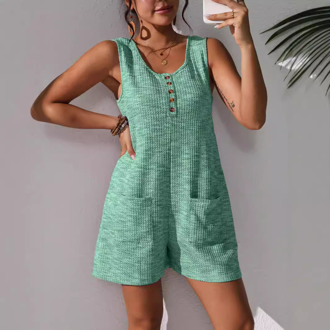 Casual Button Pocket Vest Jumpsuit For Women