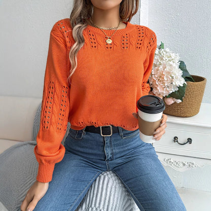 Hollow-out Lantern Sleeve Pullover Sweaters Women's Clothing