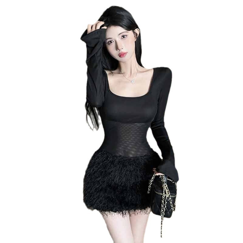 Black Square Collar Fur Stitching Tight Dress