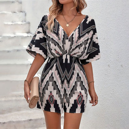 Printed V-neck Back Bandage Bow One-piece Shorts