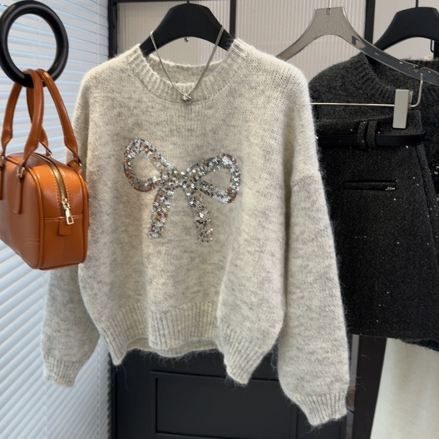 Women's Heavy-duty Bow Sequined Pullover Sweater