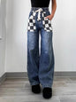 Loose Plaid Contrast Color Women's Denim Trousers