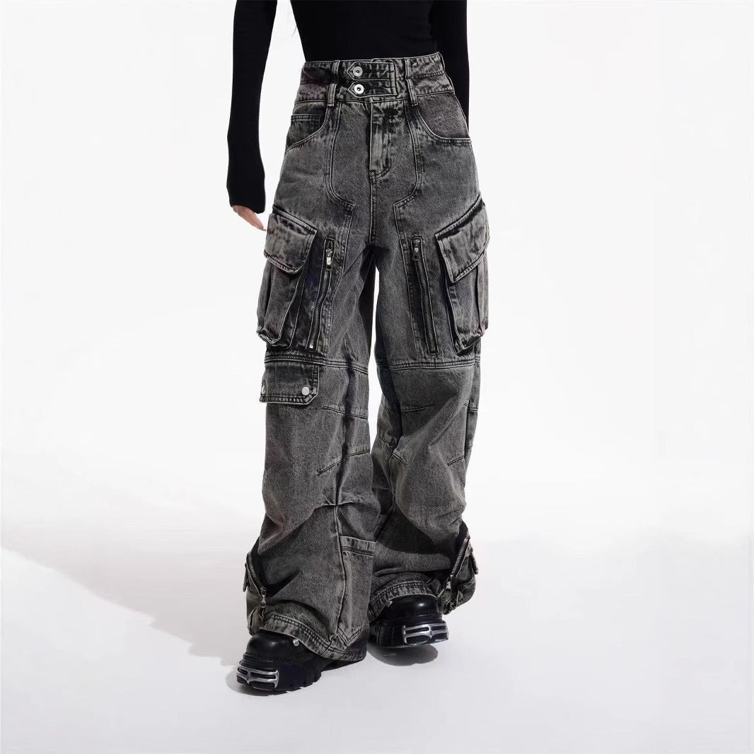 Design Retro Overalls Style Multi-pocket Jeans