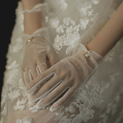 Bridal Gloves Pearl Lace Bow