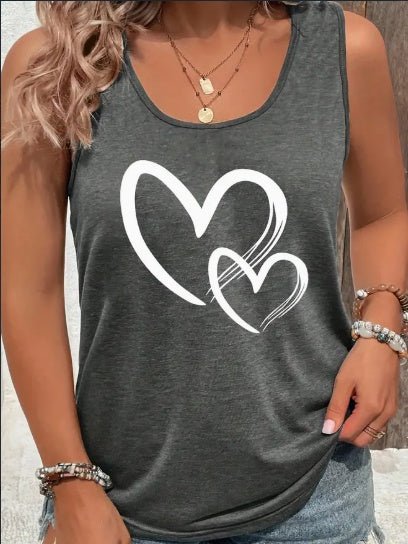 Hearts Print Crew Neck Tank Top, Casual Sleeveless Tank Top For Summer, Women's Clothing