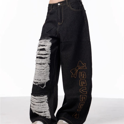 Retro Alphabet Embroidered Jeans Women's Loose Straight Wide-leg Pants