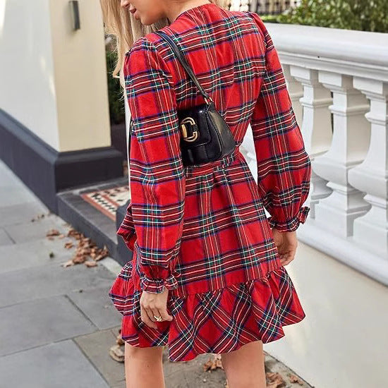 Plaid Printed V-neck Puff Sleeve Ruffled Hem Drawstring Dress