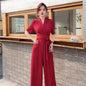 Elegant Temperament Pure Color High Waist Slimming Lace-up Wide Leg Jumpsuit