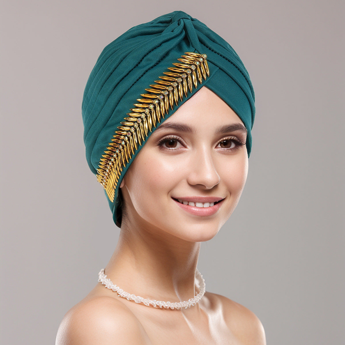 Nouă șapcă cu turban cu strasuri pentru femei, plisată elastică, eșarfă elegantă pentru cap Ramadan, șapcă chimio, pălărie africană de nuntă