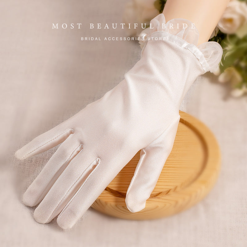 Weiße Satin Kurze Handschuhe Spitze Perlen Accessoires