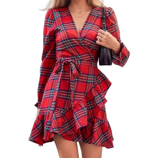 Plaid Printed V-neck Puff Sleeve Ruffled Hem Drawstring Dress