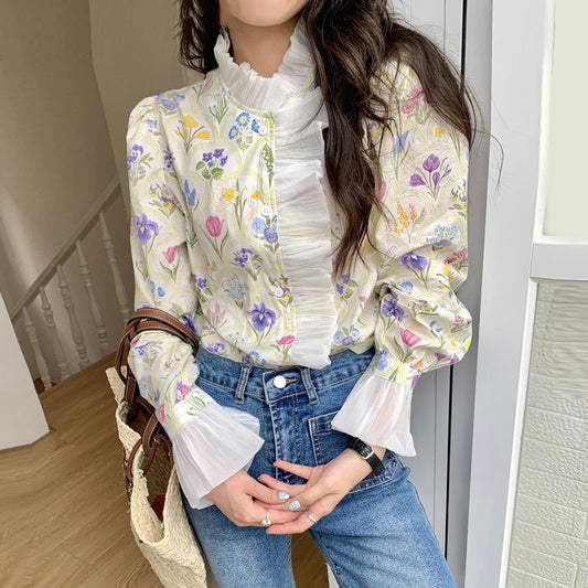 French Romantic Turtleneck Patchwork Ruffled Color Printing Design Flare Sleeve Shirt