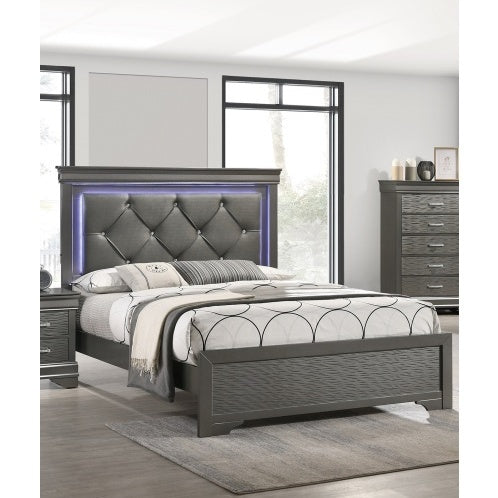 Dark Gray Faux Leather Tufted Headboard 1pc Queen Size Bed W LED Bedroom Furniture Gray Unique Texture FB Solid Wood