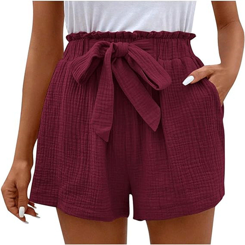 Elastic Waist Solid Color Casual Shorts Women Loose High Waist Simple Wide Leg