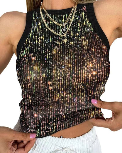 Sexy Cropped Sleeveless Sequin Leopard Print Vest