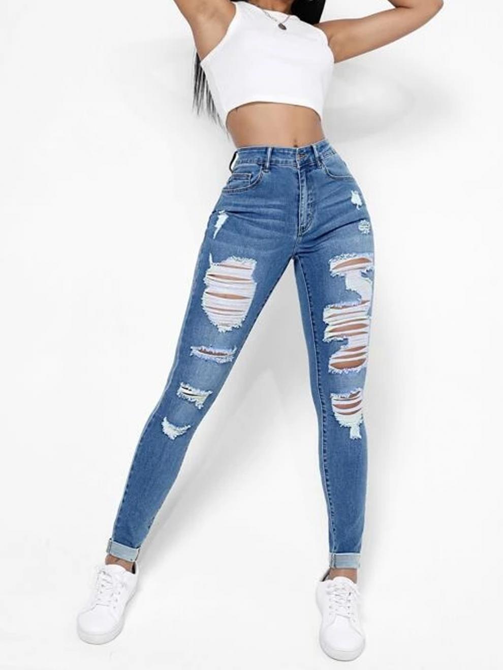 Skinny Jeans Damen High Waist Slim Fit Schlankmachende Löcher Röhrenhose