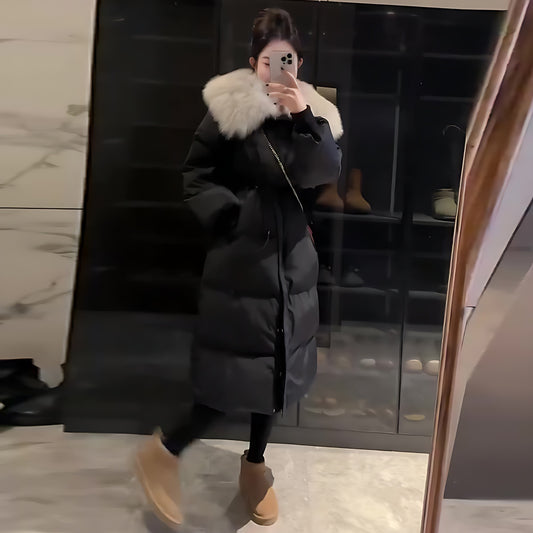 Fur Collar Overknee Long Jacket Women's Waist White Duck Down Coat