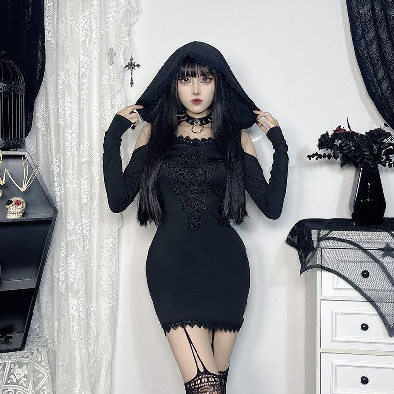 Hooded Lace Long-sleeved Dress Women