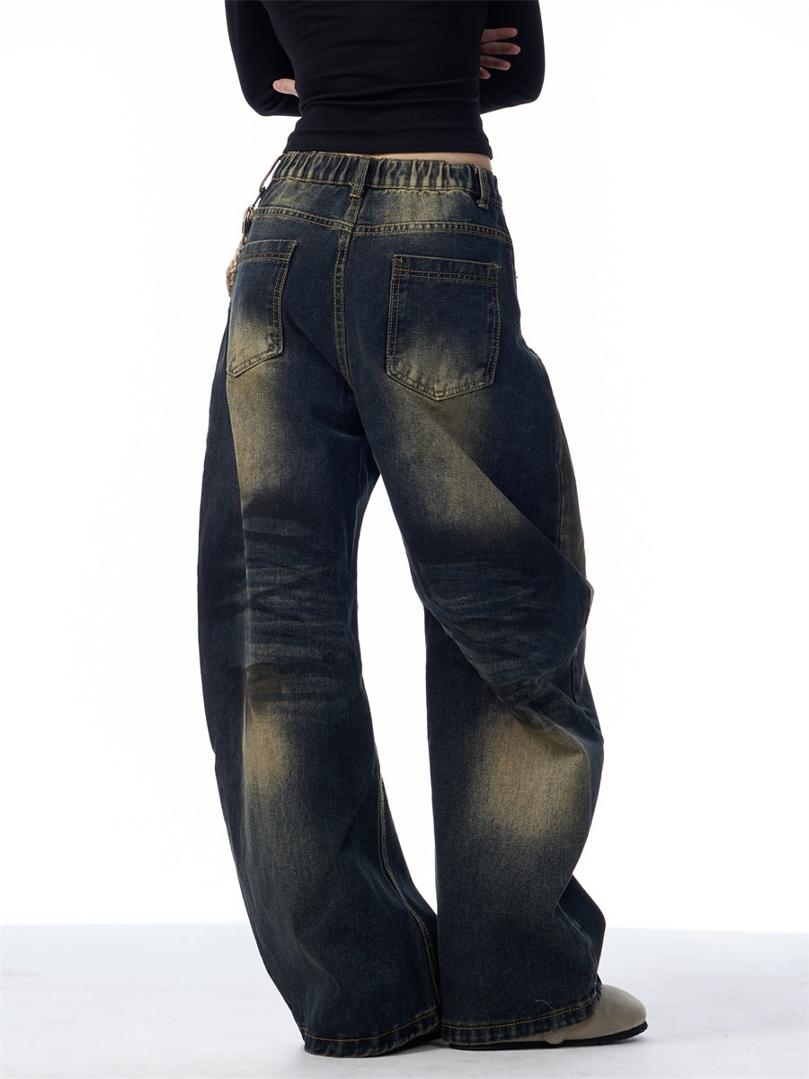 American-style Retro Washed Distressed Wide-leg Jeans