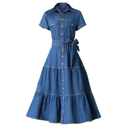 Cotton Large Hem Shirt Dress Long Skirt Denim Dress