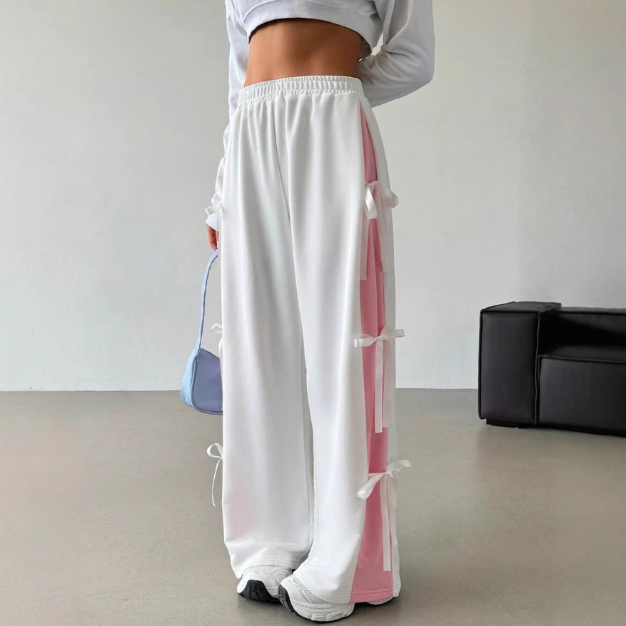 Women's Elastic Waist Contrast Color Straight-leg Trousers