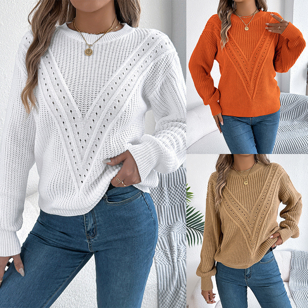 V-shaped Hollow-out Lantern Sleeve Pullover