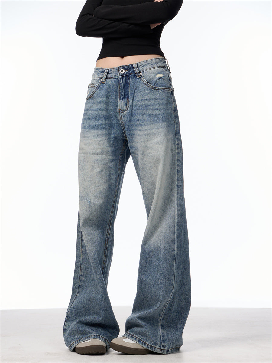 Retro Washed Distressed High Waist Jeans Damen, Blaue Hose