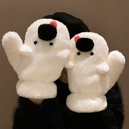 Cute Tongue-sticking Puppy Finger Plush Gloves Winter Thicken Thermal