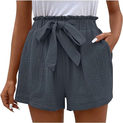 Elastic Waist Solid Color Casual Shorts Women Loose High Waist Simple Wide Leg