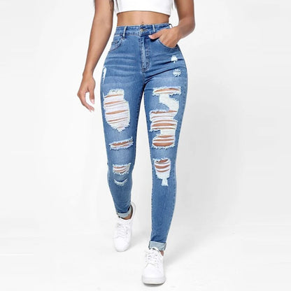 Skinny Jeans Damen High Waist Slim Fit Schlankmachende Löcher Röhrenhose