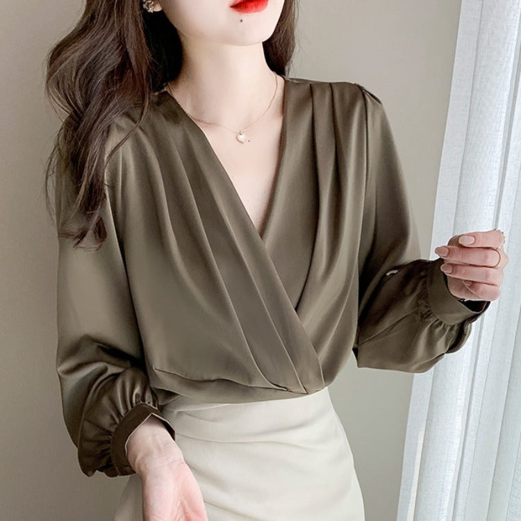 V-neck Satin Long-sleeved Shirt Women's Professional Bottoming Shirt