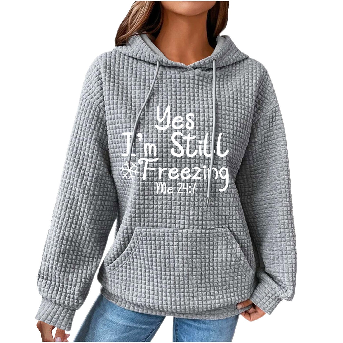 Women's Hooded Long-sleeved Patchwork Waffle Sweater