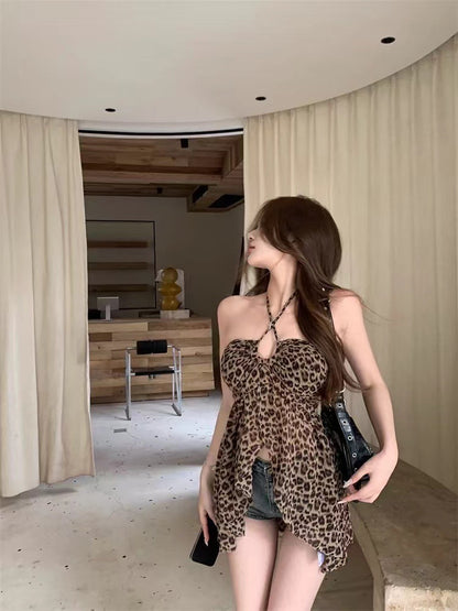 Printed Leopard Print Halter Spaghetti Straps Vest For Women Summer