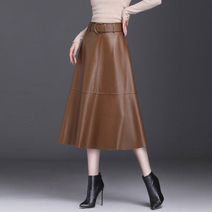 Leather Skirt Female A- Line High Waist Pleated Umbrella Skirt