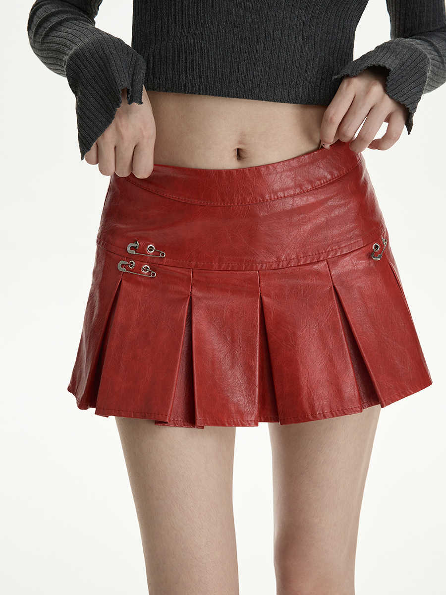 Women's Skirt High Waist Pleated A- Line Leather Skirt