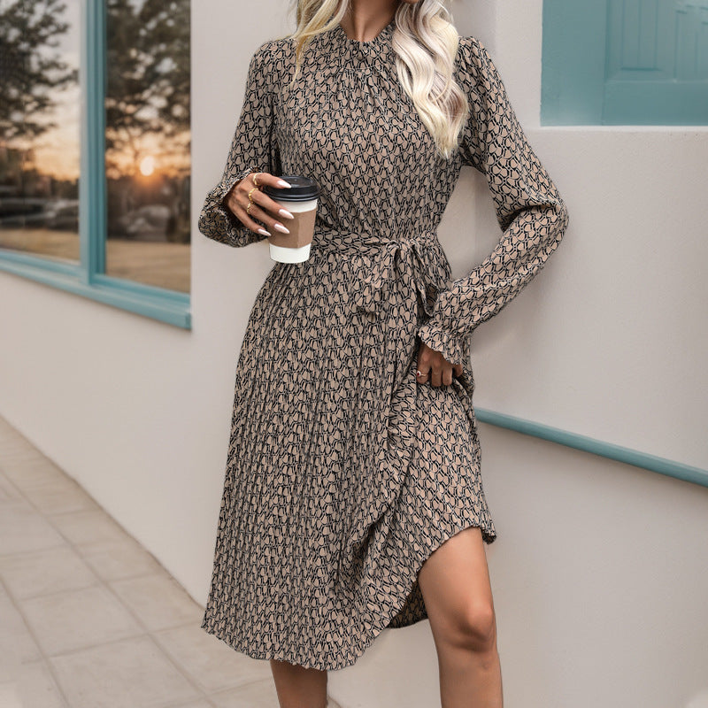 Women's Ruffled Printed Long Sleeve Lace-up Dress