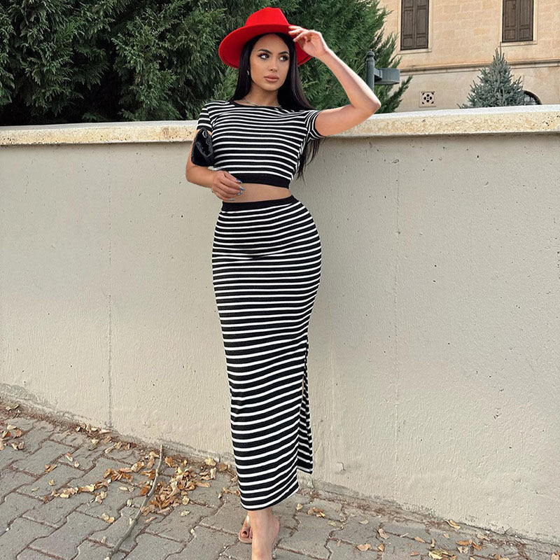 Small Sunken Stripe Casual Striped Backless Short Sleeve Top Slim-fit Skirt