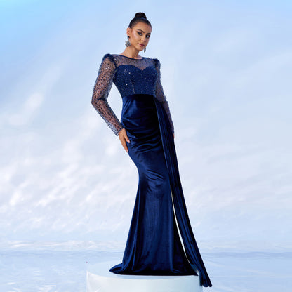 Mesh Sequins Velvet Banquet Fishtail Evening Dress