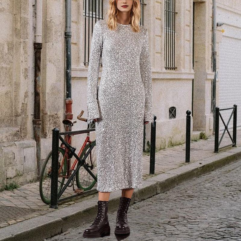 Simple Sequin Street Style Graceful And Fashionable Long Sleeve Dress