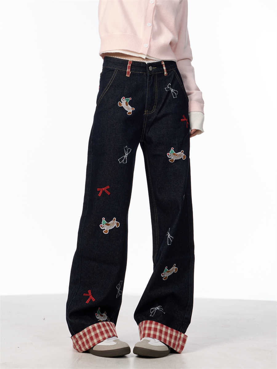 Vintage Bow Puppy Embroidered Wide Leg High Waist Jeans