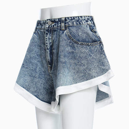 Ruffled Hem Hit White Denim Shorts