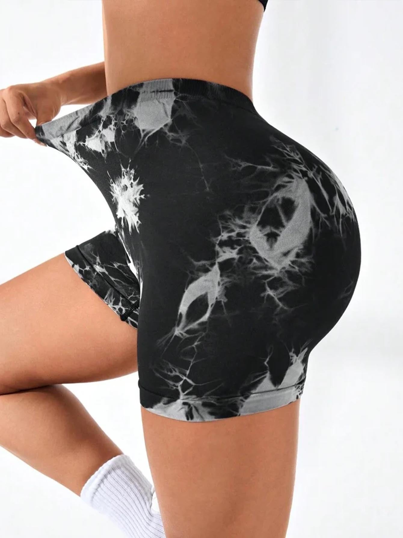 Damen Batik-Yoga-Shorts mit hoher Taille und V-Rücken, Scrunch-Yoga-Shorts, nahtlose Sport-Shorts mit Stretch-Stoff, Fitness-Workout-Hose