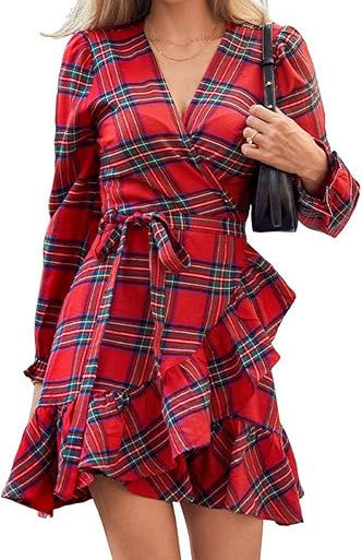 Plaid Printed V-neck Puff Sleeve Ruffled Hem Drawstring Dress