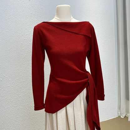 Rotes, einfarbiges Pullover-Oberteil mit One-Shoulder-Kragen