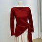 Rotes, einfarbiges Pullover-Oberteil mit One-Shoulder-Kragen