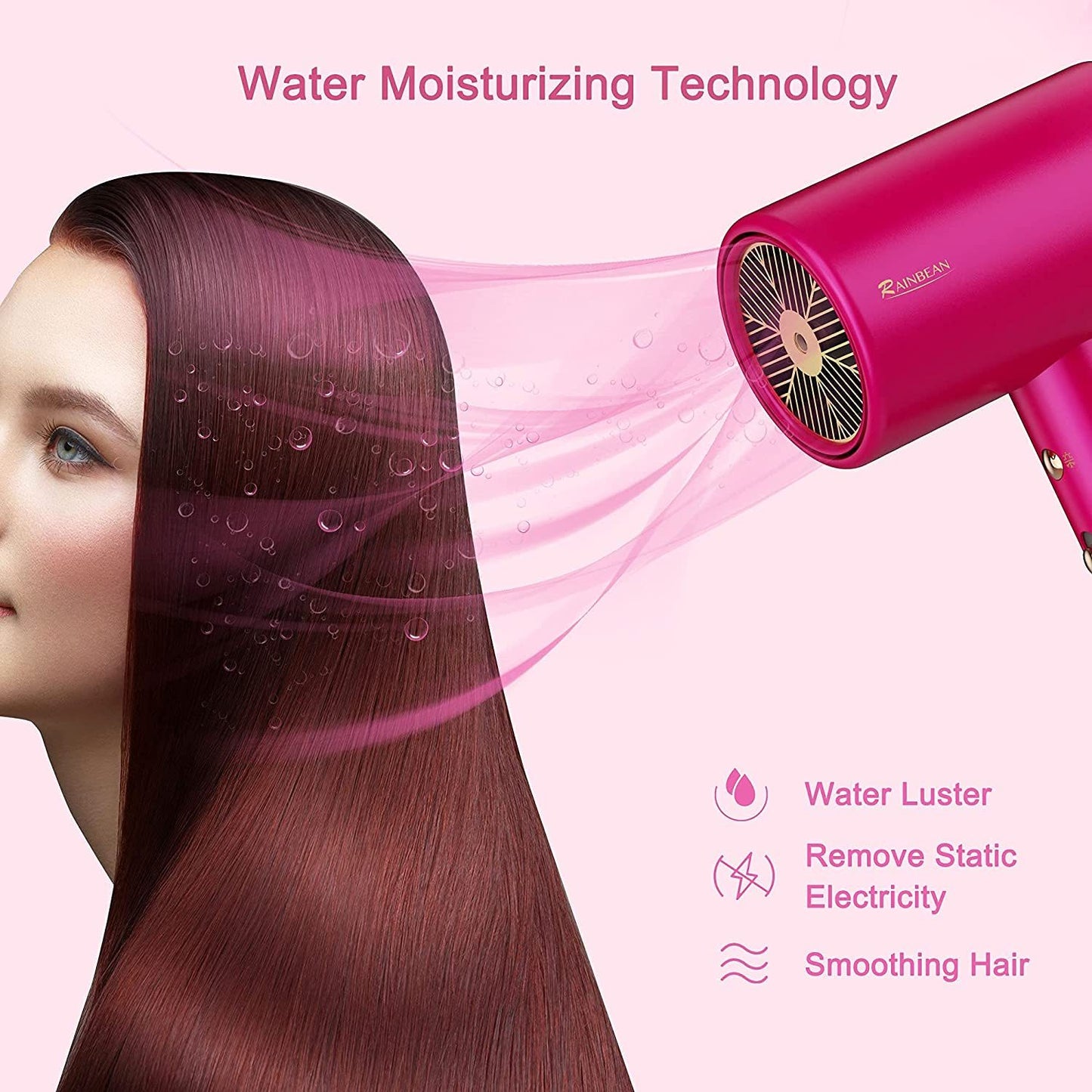 Water Ionic Hair Dryer, 1800W Blow Dryer With Magnetic Nozzle 2 Speed And 3 Heat Settings Powerful Low Noise Fast Drying Travel Hair Dryer For Home Travel